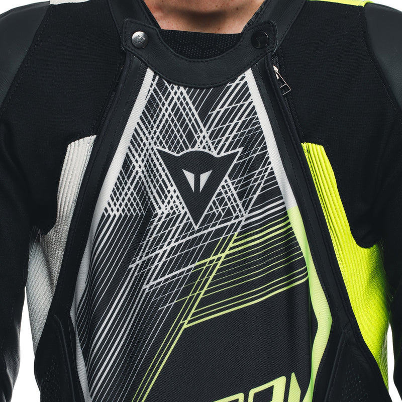 Dainese Audax D-ZIP one-piece leather racing suit in black and neon yellow