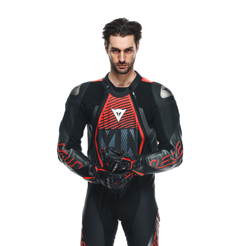 Dainese Audax D-ZIP one-piece leather racing suit in black and red, men's