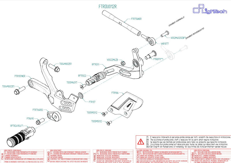 LighTech FTRDU012R R-series rearsets for Ducati Panigale V4 — red carriers, silver folding footpegs, carbon heel guards