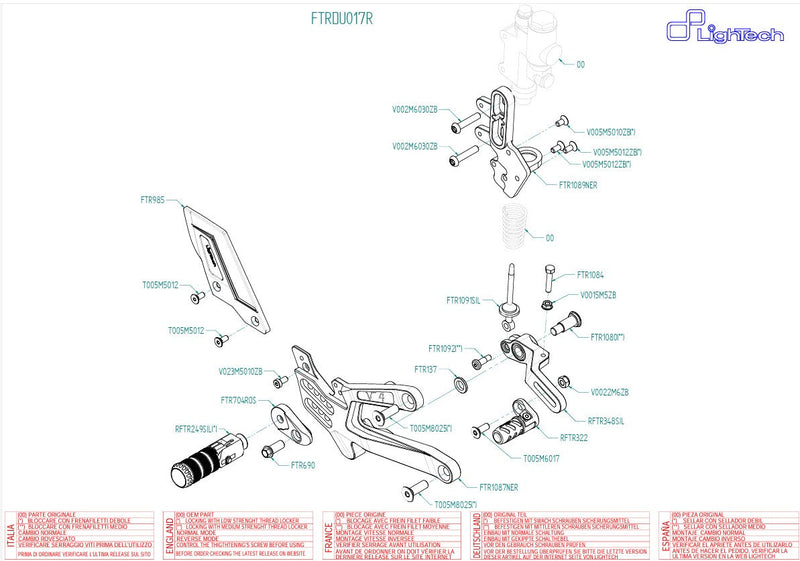 LighTech FTRDU017R R-series rearset with red brackets and carbon heel guards for Ducati Panigale V4 2025-2026