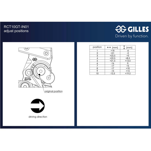 Gilles RCT10GT rearset RCT10GT-IN01, adjustment table