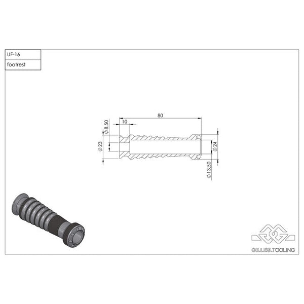 Gilles Sport UF-16 Silver Footpegs RGK-950-UF16-SET-S, dimension drawing, 80 mm step length