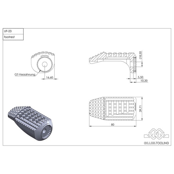 Gilles California Superbike School Footpegs RGK-680-UF23-SET-B, dimension drawing, 80 x 39.7 mm