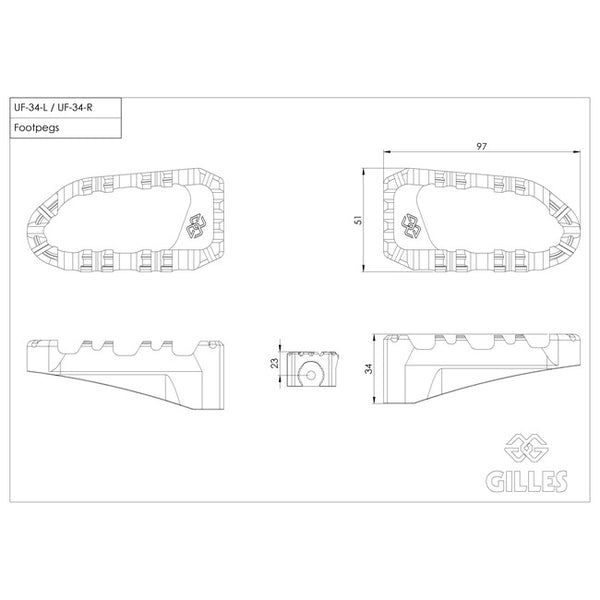 Gilles Pro-X Enduro Footpegs RGK-109-UF34-SET-B, dimension drawing, 97 x 51 mm