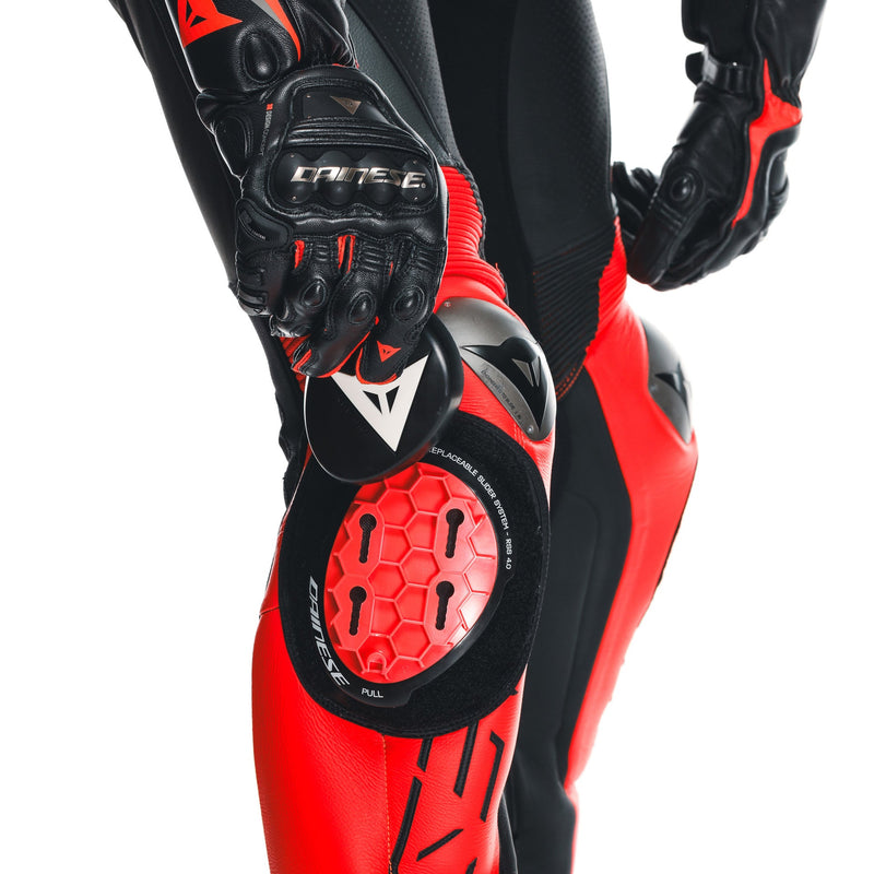 Dainese Audax D-ZIP one-piece leather racing suit in black and red, men's