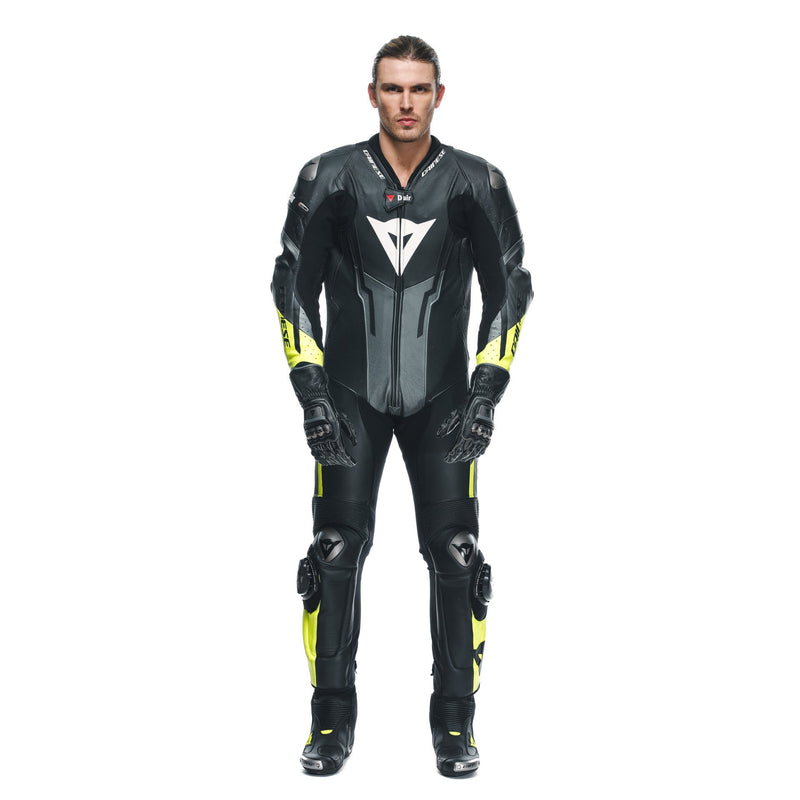Dainese Misano 3 Perf. D-AIR® men's one-piece leather race suit in black and neon yellow