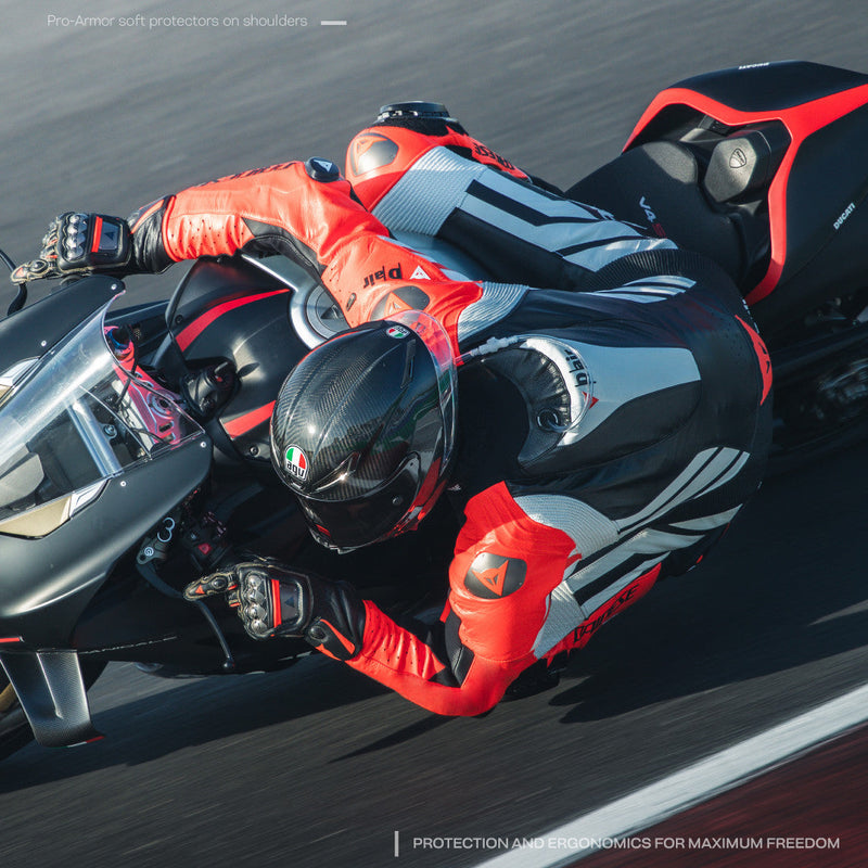 Dainese Mugello 3 Perf. D-AIR® men's one-piece leather race suit in black and red