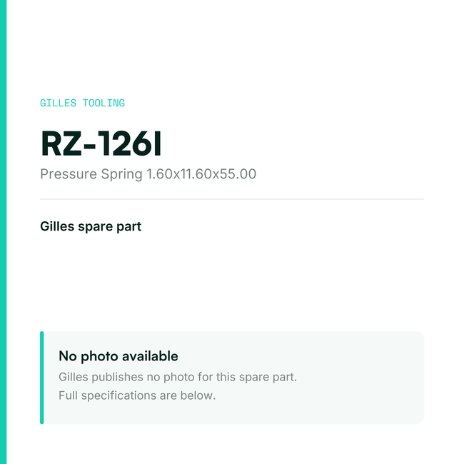 Gilles Pressure Spring 1.60x11.60x55.00 – RZ-126I, data card, no manufacturer photo available