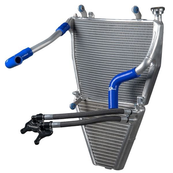 Feel Racing racing radiator kit assembled, second view with three-way water union and braided oil lines