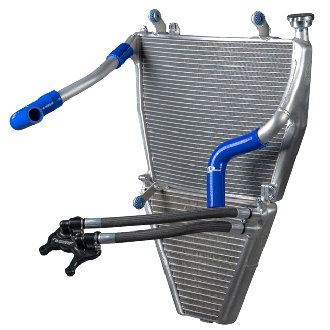 Feel Racing racing radiator kit assembled, second view with three-way water union and braided oil lines