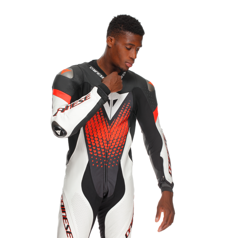 Dainese Laguna Seca 6 one-piece leather race suit in White/Red, men's perforated version