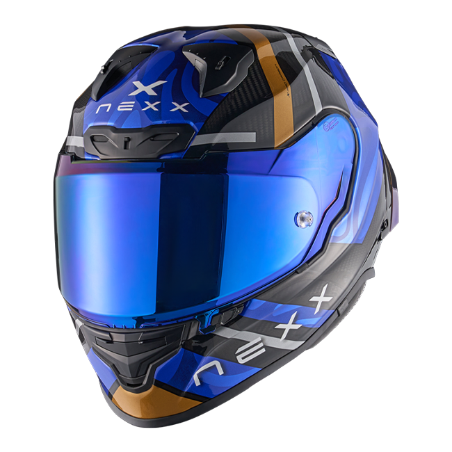 Nexx X.R3R full-face racing helmet in Swirl Carbon Deep Blue Gold finish