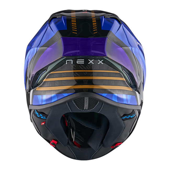 Nexx X.R3R full-face racing helmet in Swirl Carbon Deep Blue Gold finish