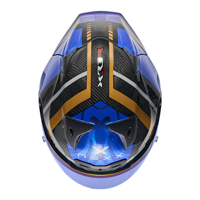 Nexx X.R3R full-face racing helmet in Swirl Carbon Deep Blue Gold finish