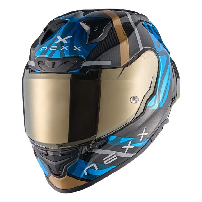 Nexx X.R3R Swirl Carbon Sky Blue Gold full-face racing helmet