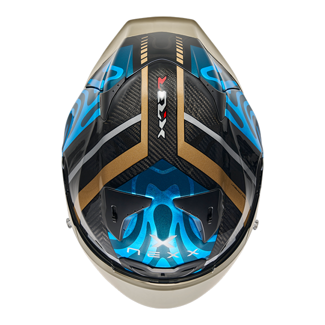 Nexx X.R3R Swirl Carbon Sky Blue Gold full-face racing helmet