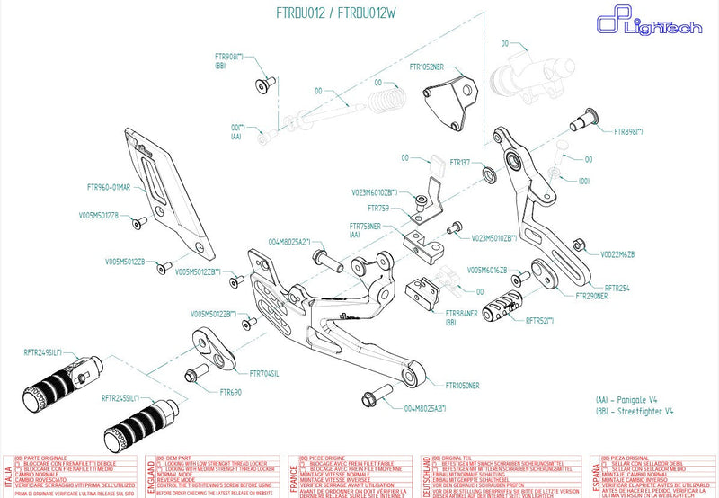 LighTech FTRDU012/W rearset kit in silver for Ducati Panigale V4/S/R