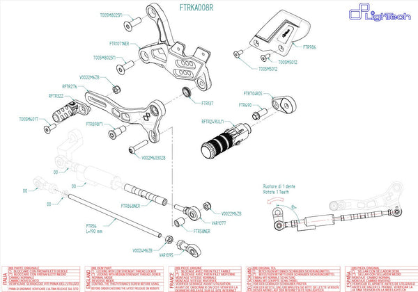LighTech FTRKA008R R rearset in red and silver for Kawasaki ZX-6R 636 RR 2005 to 2026