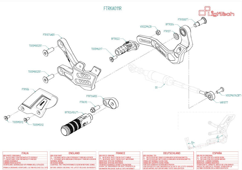 LighTech FTRKA011R rearset kit for Kawasaki ZX-10R ZX-10RR 2021–2026 with red holders and silver folding pegs