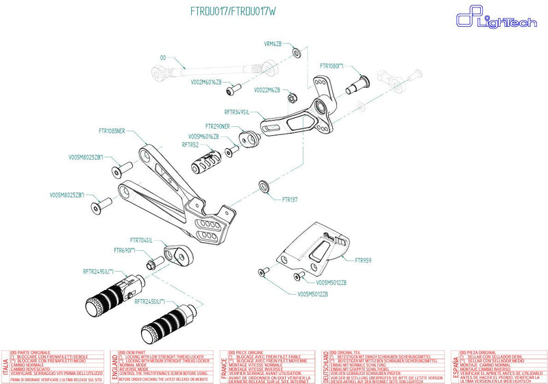 LighTech rearset kit FTRDU017/W in silver for Ducati Panigale V4/S/R 2025-2026