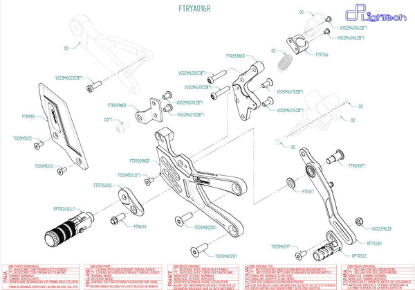 LighTech FTRYA016R R-Version rearset kit for Yamaha YZF-R1/R1M, red anodised carriers with carbon heel guards