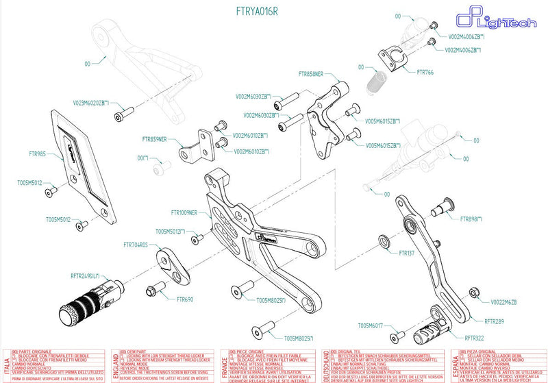 LighTech FTRYA016R R-Version rearset kit for Yamaha YZF-R1/R1M, red anodised carriers with carbon heel guards