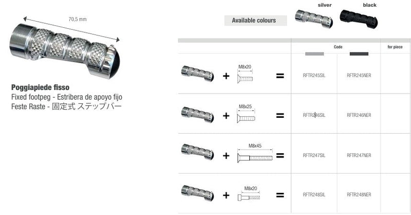 LighTech fixed aluminium footpeg 70.5 mm in silver and black anodised finish RFTR245