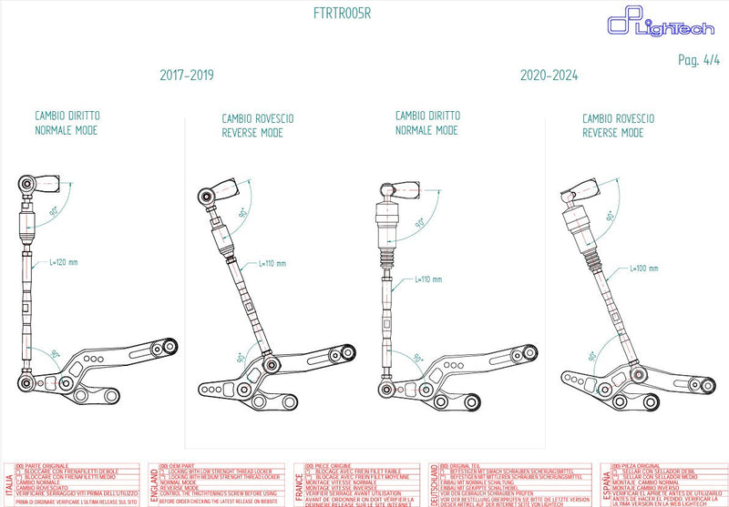 LighTech FTRTR005R rearset system for Triumph Street Triple 765 – red carriers, carbon heel guards, silver folding pegs
