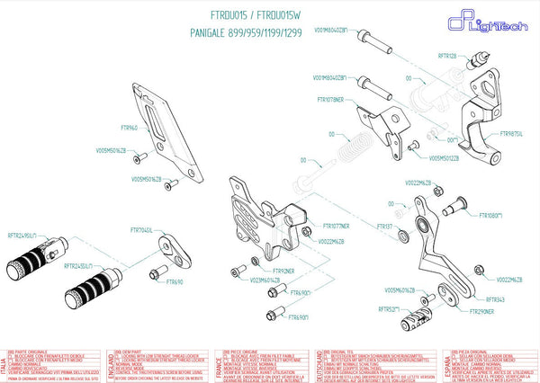 LighTech FTRDU015/W rearset system for Ducati Panigale 1299/S, Ergal 7075-T6 aluminium