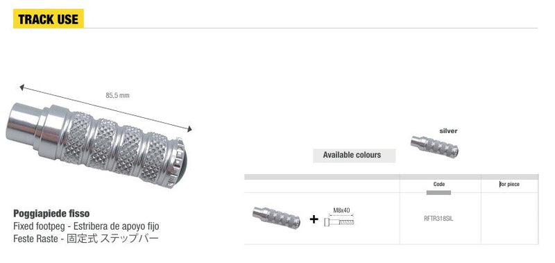 LighTech RFTR318 fixed track-use footpeg 85.5 mm in silver and black anodised aluminium