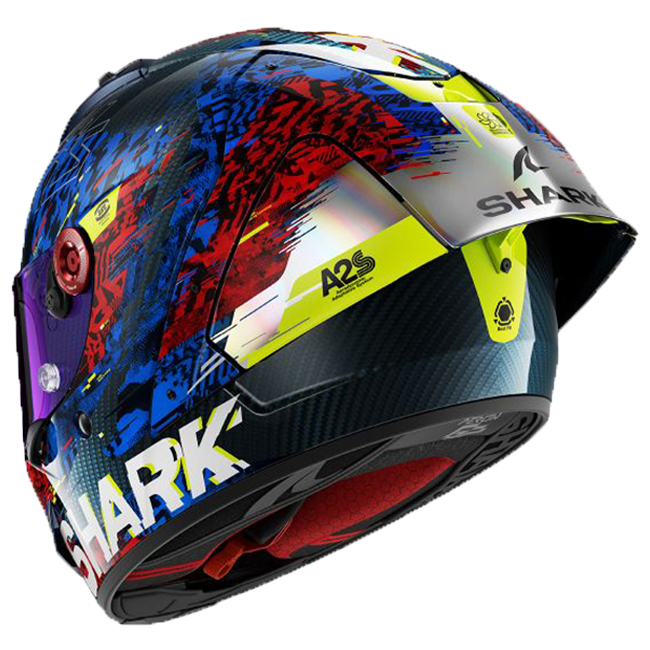 Shark Aeron GP FIM 2 full-face race helmet in Speed-Vib DBR red and blue colourway