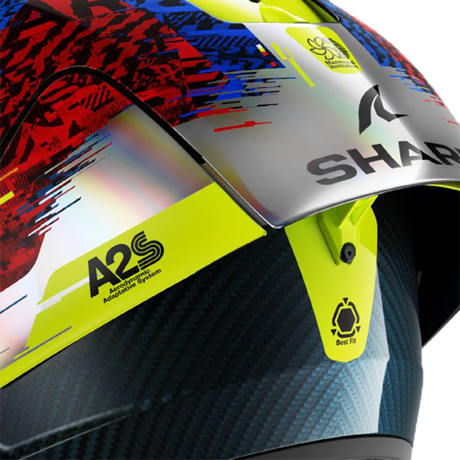 Shark Aeron GP FIM 2 full-face race helmet in Speed-Vib DBR red and blue colourway