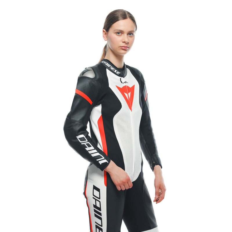 Dainese Grobnik Lady one-piece leather race suit in white and red, perforated panels