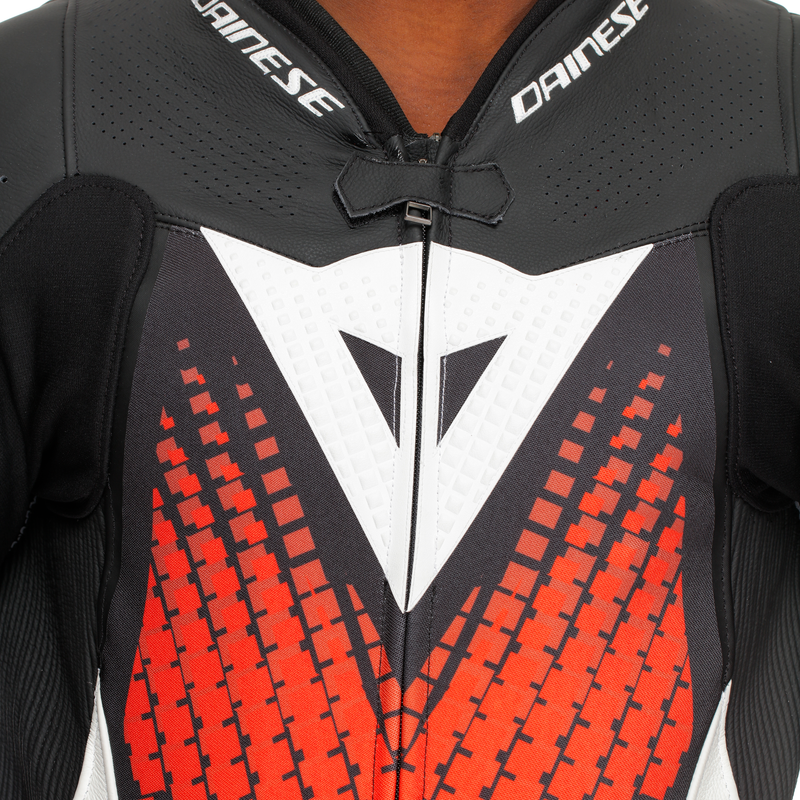 Dainese Laguna Seca 6 one-piece leather race suit in White/Red, men's perforated version