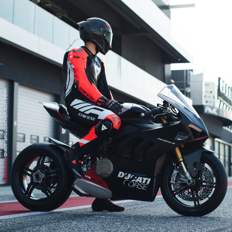 Dainese Mugello 3 Perf. D-AIR® men's one-piece leather race suit in black and red