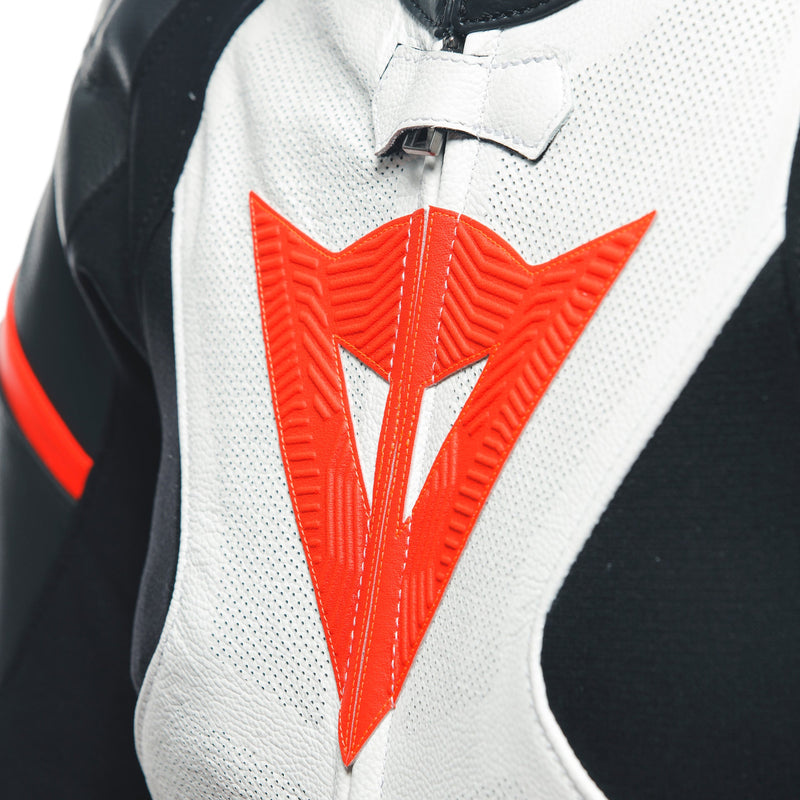 Dainese Grobnik Lady one-piece leather race suit in white and red, perforated panels