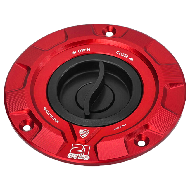 CNC Racing TS423TB Troy Bayliss Limited Edition quick-release fuel cap for Ducati Panigale V4/S in black and red anodised aluminium