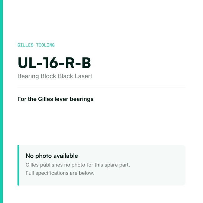 Gilles Bearing Block Black Lasert – UL-16-R-B, data card, no manufacturer photo available