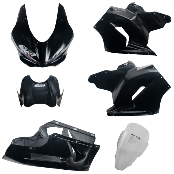 Feel Racing avio fiber race fairing components: nose, side panels, belly pan, tank cover and screen