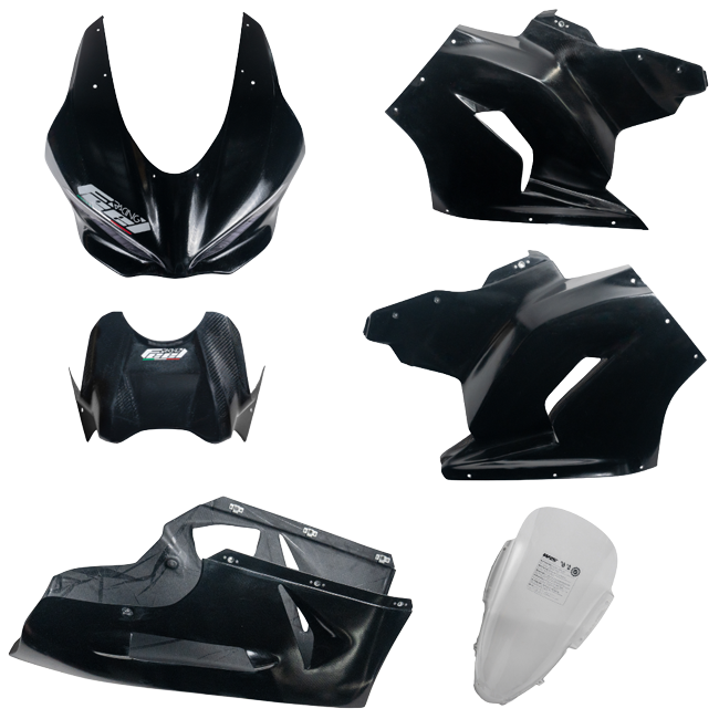Feel Racing avio fiber race fairing components: nose, side panels, belly pan, tank cover and screen