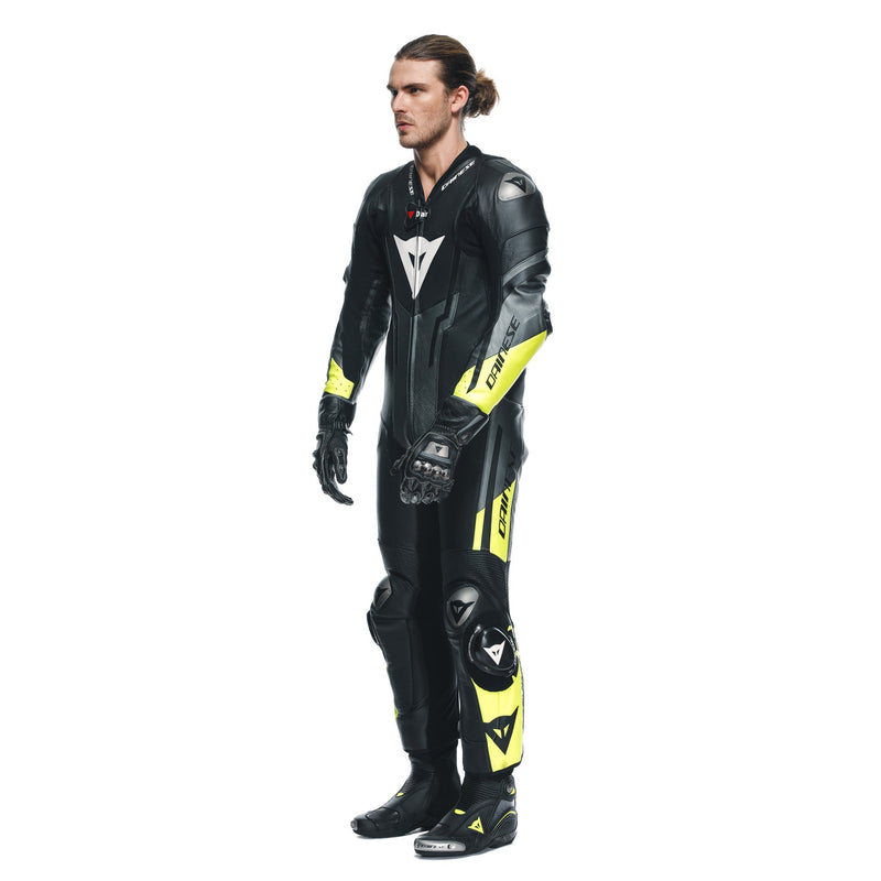 Dainese Misano 3 Perf. D-AIR® men's one-piece leather race suit in black and neon yellow