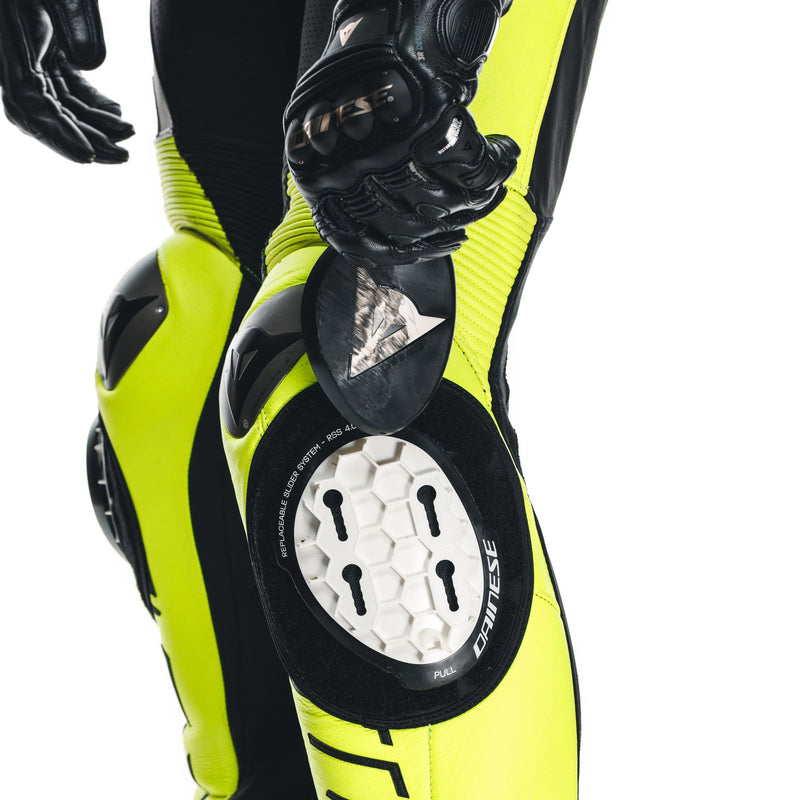 Dainese Audax D-ZIP one-piece leather racing suit in black and neon yellow
