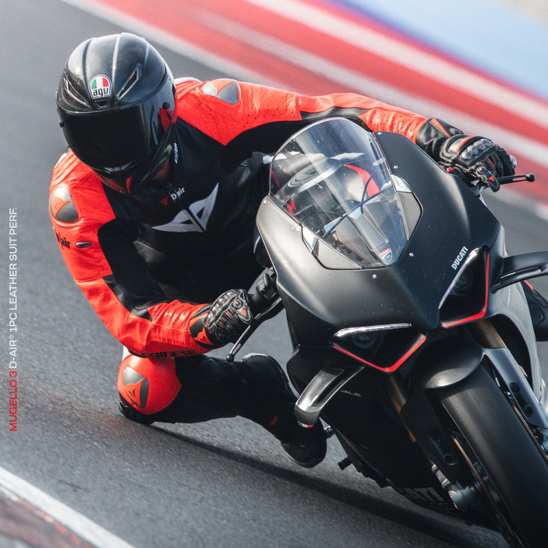 Dainese Mugello 3 Perf. D-AIR® men's one-piece leather race suit in black and red