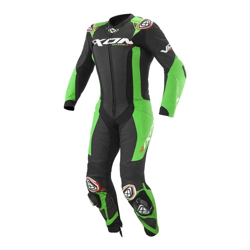 IXON Vortex 3 men's one-piece leather race suit in black and green