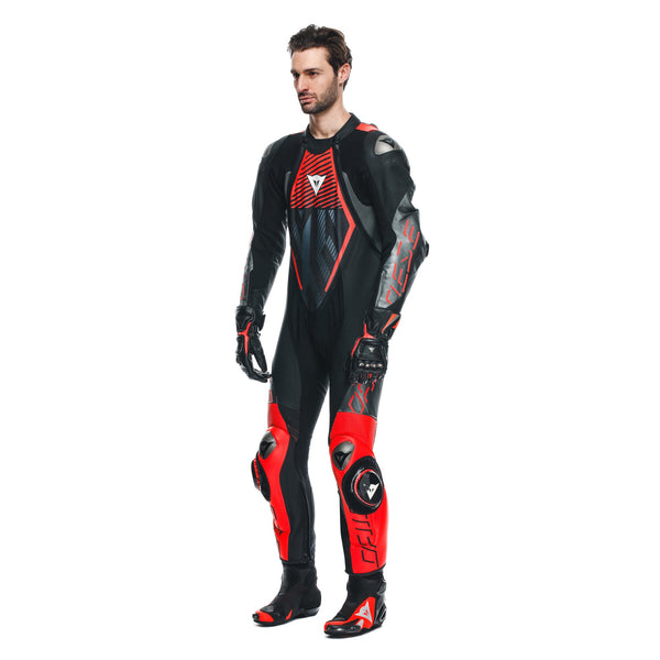 Dainese Audax D-ZIP one-piece leather racing suit in black and red, men's