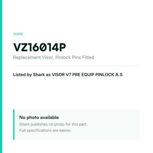 Shark Replacement Visor – Pinlock Pins Fitted – VZ16014P — placeholder, no manufacturer photo available