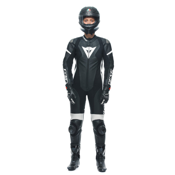 Dainese Grobnik Lady one-piece leather suit in black and white, perforated race suit for women