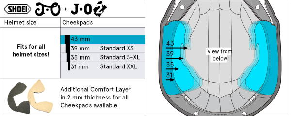 Shoei Cheek Pads 43mm – size chart
