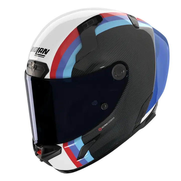 Nolan X-804 RS Ultra Carbon helmet in Gemini White Blue Red 365 graphic