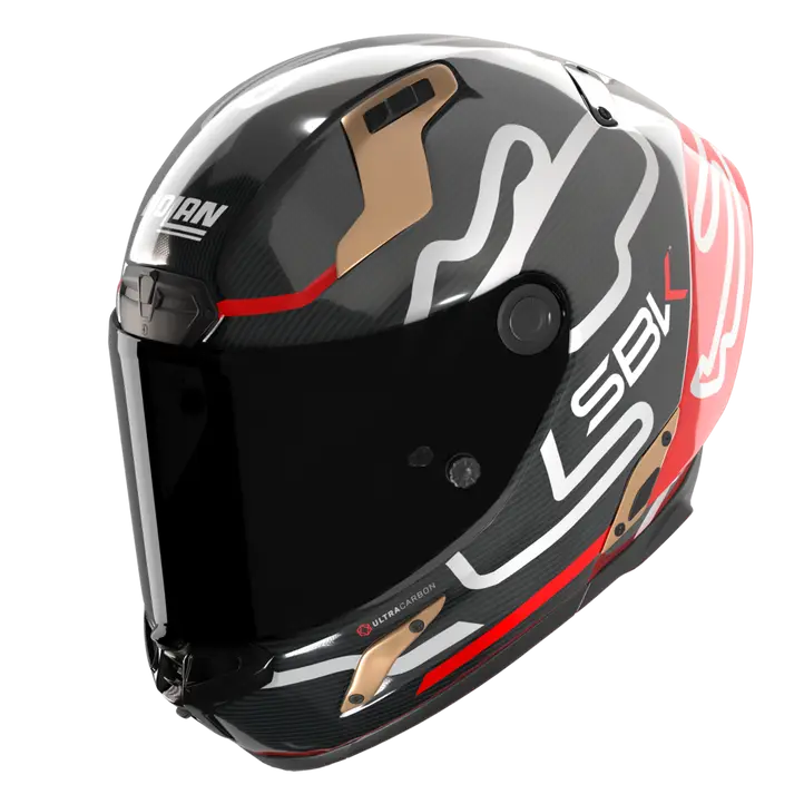 Nolan X-804 RS Ultra Carbon full-face helmet in SBK 360 carbon, red and white livery